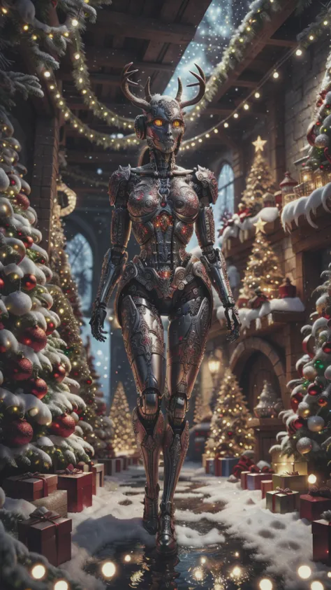 scary alien creature (alien skin) standing alongside a cute little (deer) ((Dressed as Santa)), dressed for christmas, candid selfie, (((Beautiful drooping eyes))), ChristmasWintery (((Slightly longer arms)))ã((long neck)))ãNormal shoulder widthã(short thighs)ã(((Long below knee)))ã(((thick waist)))ã(Fairly long torso), with a damp and steamy highly detailed spaceship corridor in the background,fantasy art, full body, perfect face, detailed face, perfect body, highly detailed body, highly detailed skin, superior artificial intelligence, half of the face is robotic skeleton, stunning facial details, 45 degree angle of view,sharp focus, studio photo, intricate details, highly detailed, elegant, electro, (maximum details),high texture, intricate, detailed, ultra quality, 8k, highres, illustration, extreme detail, unforgettable, highly detailed face, nature-inspired designs, featuring organic materials like wood, stone, and leaves Each bottle should be distinct, embodying different magical essences and druidic symbols, highly detailed, fine detail, intricate, 8k UHD, (hyper realistic),(high detailed), real life image style, concept art, intricate, sharp focus, illustration, art by artgerm<lora:ChristmasWintery:0.8> ChristmasWintery water, (Masterpiece:1.3)