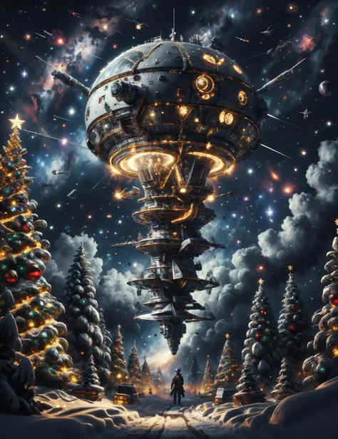 hyper detailed masterpiece, dynamic, awesome quality,ChristmasWintery, big space probe, adaptive headlights, airbrushed design, dragonbone, symmetrical, rippled surface,, <lora:ChristmasWintery:0.8>