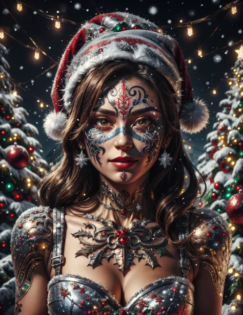 hyper detailed masterpiece, dynamic, awesome quality,ChristmasWintery, metallic face tattoos , <lora:ChristmasWintery:0.8>