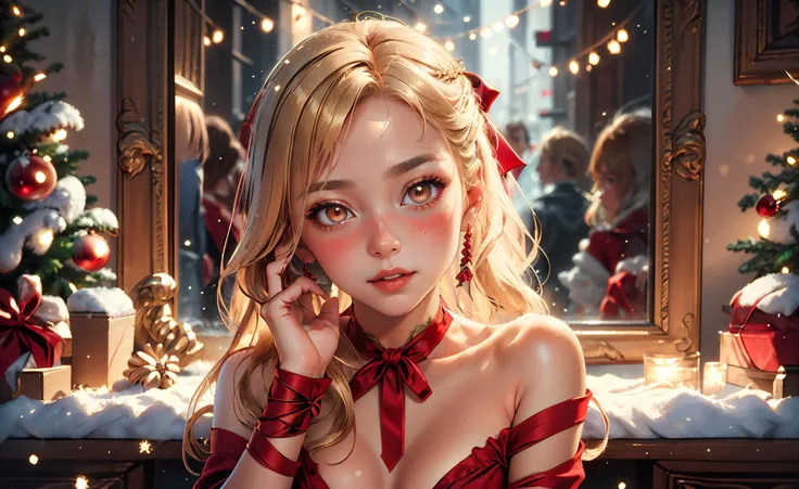 <lora:lyco-envybetterhands-beta2:0.8> ,portrait
(masterpiece, best quality),
1girl,a blushing lovesome young woman with peach eyes,flat chest,honey blonde medium hair very long hair,
with a look of regard ,in the day during the 1920s, <lora:ChristmasWintery:0.6> ChristmasWintery <lora:edgWrappedTemptation:0.8> edgtemptation, edgwrap, red, posing, ribbon, simple, top, wearing, woman