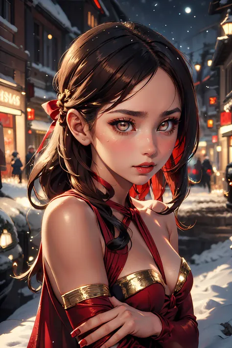 <lora:lyco-envybetterhands-beta2:0.8> ,portrait
(masterpiece, best quality),
1girl,a sniveling radiant young woman with gold eyes,small breasts,auburn french twist long hair,
with a look of compassion ,in the night during the 1940s, <lora:ChristmasWintery:0.6> ChristmasWintery <lora:edgWrappedTemptation:0.8> edgtemptation, edgwrap, red, posing, ribbon, simple, top, wearing, woman