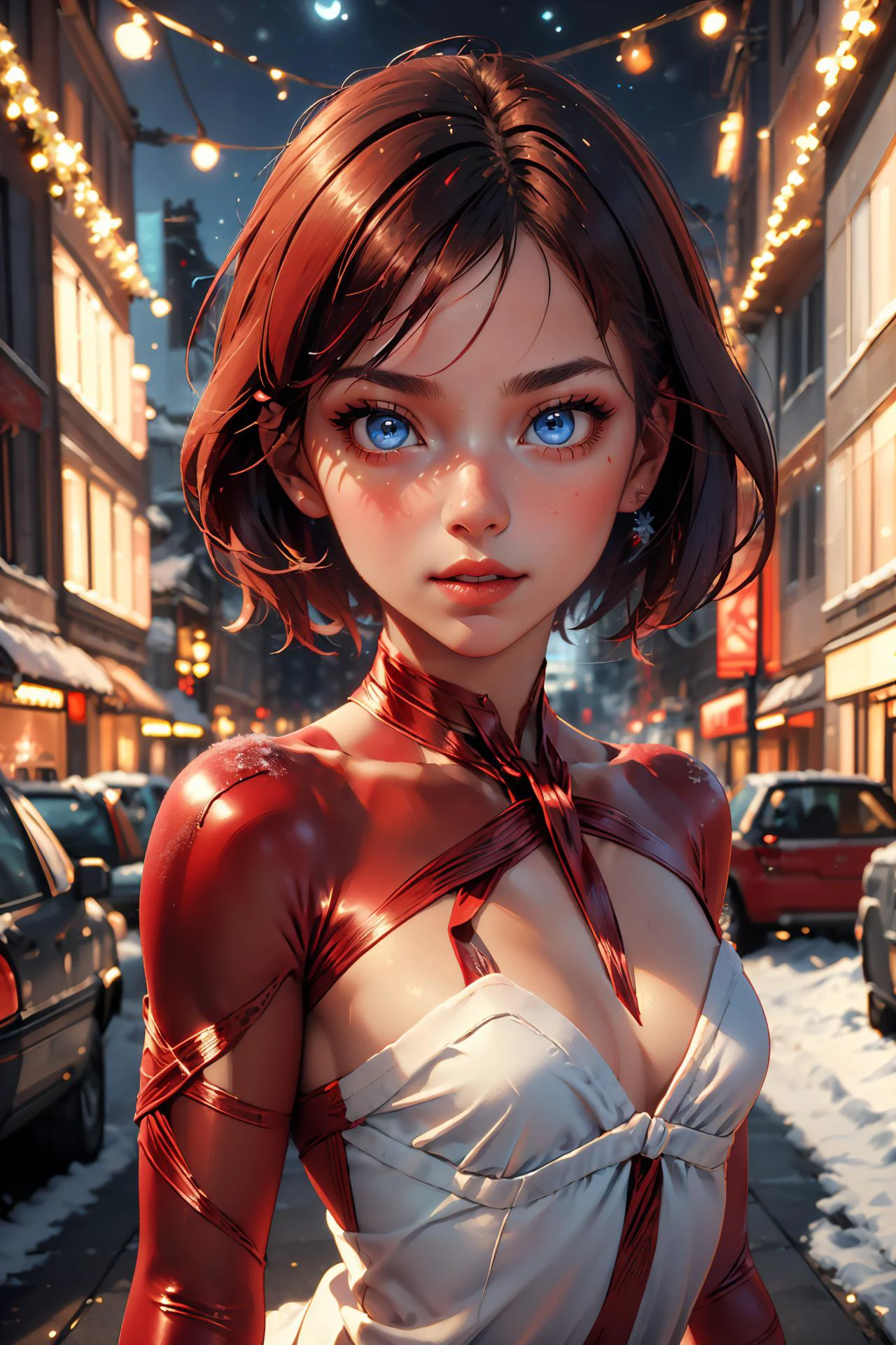 <lora:lyco-envybetterhands-beta2:0.8> ,portrait
(masterpiece, best quality),
1girl,a primary resplendent young woman with light blue eyes,flat chest,red twist-out very short hair,
with a look of fondness ,in the night during the 1990s, <lora:ChristmasWintery:0.6> ChristmasWintery <lora:edgWrappedTemptation:0.8> edgtemptation, edgwrap, red, posing, ribbon, simple, top, wearing, woman
