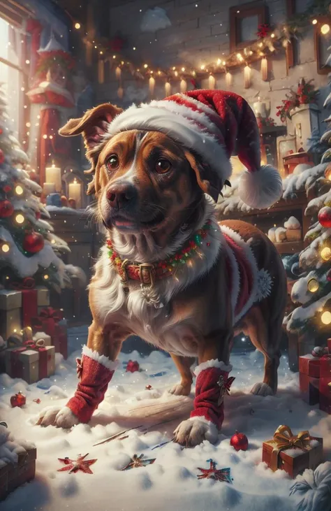 <lora:ChristmasWintery:1> santa hat, dog, (Masterpiece:1.3) (best quality:1.2) (high quality:1.1)