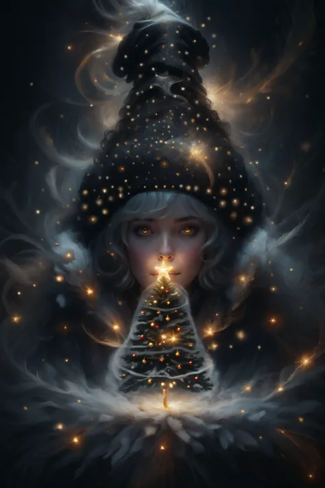 an (extremely detailed masterpiece) of one female with her wavy white hair wearing a fur trimmed beanie making a wish over a brightly lit miniature Christmas tree with a star on top, (dream like gaze), (highly detailed (glowing) amber eyes:1.2), (glossy skin:1.2), <lora:ChristmasWintery:0.8> ChristmasWinteryl, (twisting swirls of bright magic), (swirls of mist), (dark fantasy style), (elaborate textures:1.2), (volumetric lighting), (soft lighting:1.2), medium depth of field, oil painting, (8k UHD, highest quality), (Style-GravityMagic), <lora:add-detail-xl:0.8>, <lora:xl_more_art-full_v1:0.8>, <lora:DreamARTSDXL:0.9>, (<lora:ExplosionMagic:0.8> explosionmagic, excessive energy, smoke, glowing aura)