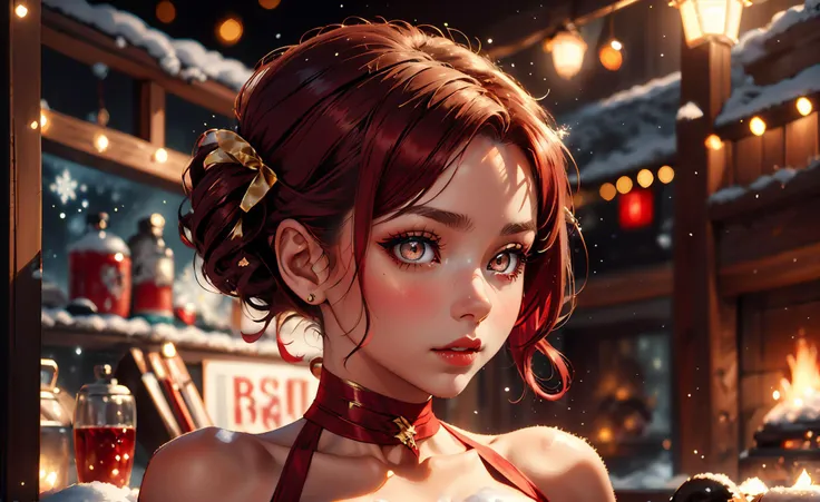 <lora:lyco-envybetterhands-beta2:0.8> ,portrait
(masterpiece, best quality),
1girl,a exalted stunning young woman with gold eyes,large breasts,burgundy updo very short hair,
with a look of respect ,in the evening during the 1950s, <lora:ChristmasWintery:0.6> ChristmasWintery <lora:edgWrappedTemptation:0.8> edgtemptation, edgwrap, red, posing, ribbon, simple, top, wearing, woman