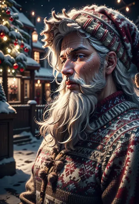 ((cowboy shot, half body shot, 3/4 view)), Extremely detailed picture of a AI Santa overlord. Alone at Lapland, sad512:1.2. Santa is wearing <lora:world_christmassweater:0.5> christmassweater. Dark Christmas Theme. ((Best quality, hyper-detailed, 8k, RAW, intricate, detailed hands, detailed fingers, detailed face, detailed eyes)). <lora:ChristmasWintery:0.3> christmaswintery <lora:LowRA:0.5>, white beard, white hair,