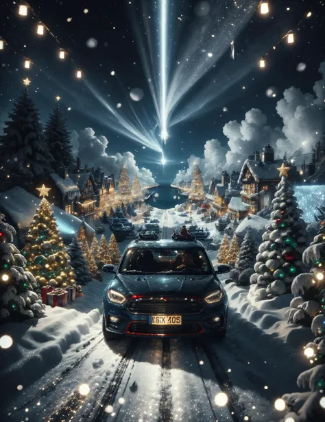 hyper detailed masterpiece, dynamic, awesome quality,ChristmasWintery, small Conveyance, wing windows, light sensors, bull bar, luminite, monochrome, ocean blue, velvety plushness,, <lora:ChristmasWintery:0.8>