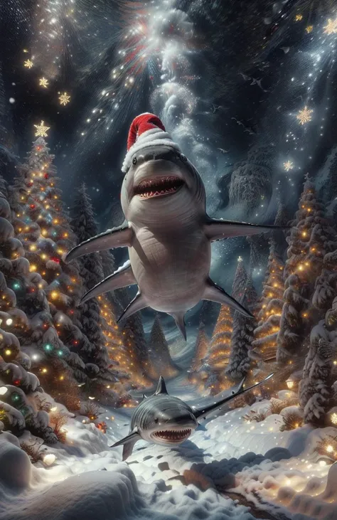 <lora:ChristmasWintery:1>, snowy shark, santa hat, (Masterpiece:1.3) (best quality:1.2) (high quality:1.1)