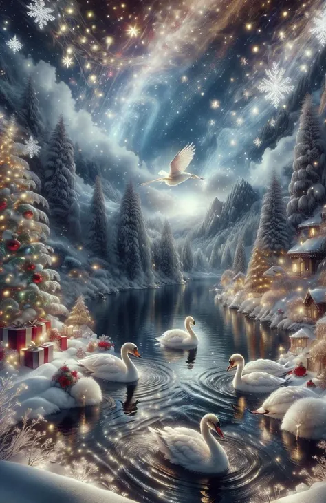 <lora:ChristmasWintery:1> ChristmasWintery, graceful swans gliding on serene waters, (Masterpiece:1.3) (best quality:1.2) (high quality:1.1)