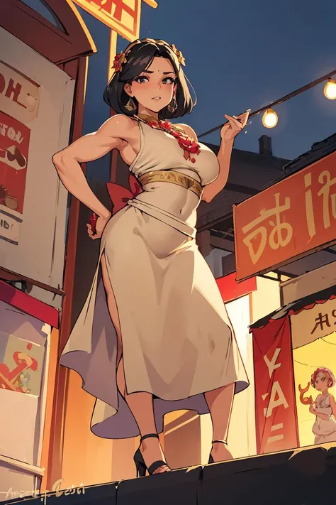 (masterpiece, best quality), female middle-aged, muscular, gypsies, hazel eyes, elongated ears, double chin, low jawline, smooth cheeks, angular forehead, diamond face shape with angular cheeks, glamorous evening makeup , pastel blue fringe haircut hair, confusion wearing linen culottes, wireless bra, floral crown with ribbon ties,, high heel pose, striking a pose in high heels, enhancing leg length and adding a touch of sophistication, sunset lighting, the warm, golden glow of a sunset, adding a romantic and enchanting feel to the scene, a lively street fair, with food stalls, live music, and laughter
