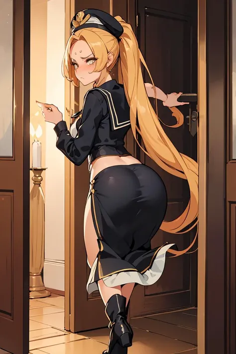 (masterpiece, best quality), female adult, broad, berber, amber eyes, roman nose, high cheekbones, low forehead, heart face shape with pointed chin, tear ducts, chestnut low ponytail hair, annoyance wearing slip dress, sequin bustier, ankle boots, sailor hat,, peeking from behind a door, peering from behind a slightly ajar door, creating an air of secrecy and allure, candlelight, flickering, intimate glow that casts dancing shadows on the characters faces, a lively neighborhood block party, with music, food, and a sense of community