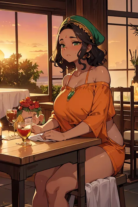 (masterpiece, best quality), female late twenties, plump, afro-caribbean, green eyes, upturned nose, double chin, asymmetrical cheeks, curved forehead, square face shape, , coral wavy haircut hair, admiration wearing playsuit, crochet crop top, oxford shoes, turban,, biting lip, biting the lower lip with a flirtatious expression, conveying playfulness and allure, sunset lighting, the warm, golden glow of a sunset, adding a romantic and enchanting feel to the scene, a family dinner gathering, with a beautifully set table and heartfelt conversations