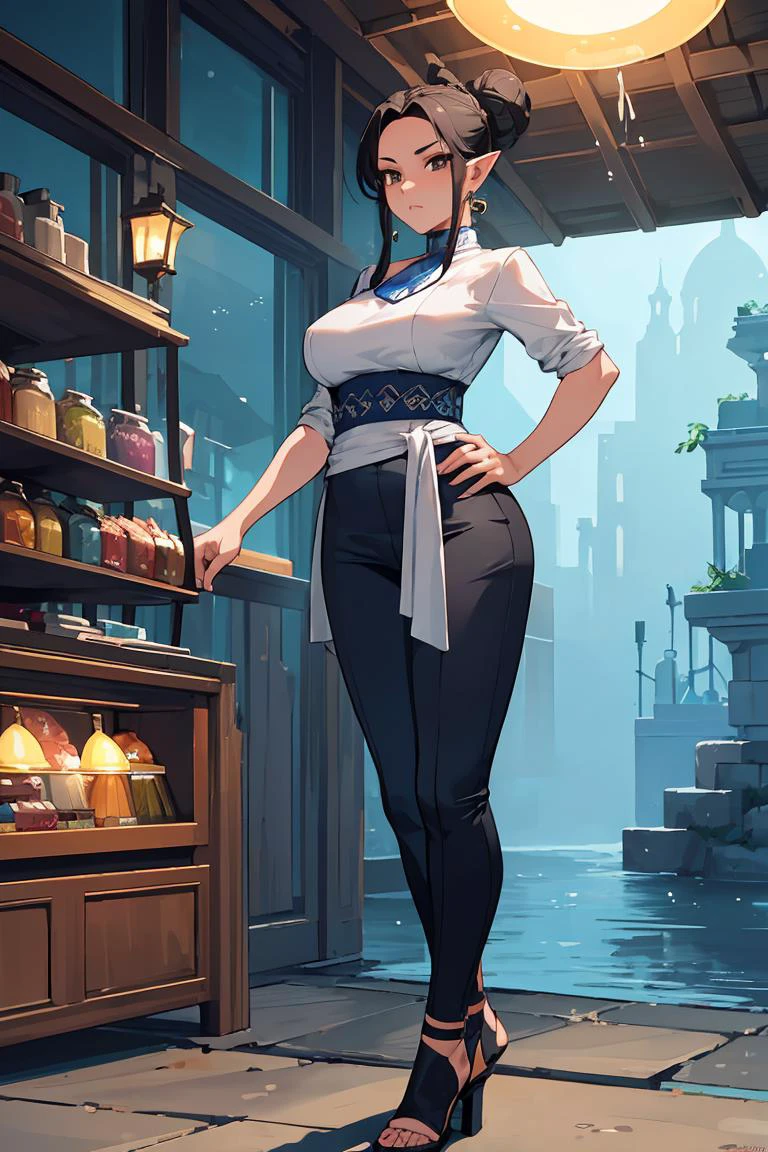 (masterpiece, best quality), female senior, shapely, southeast asian, dark brown eyes, gauged ears, strong jaw, chiseled cheeks, low forehead, , indigo updo hairstyle hair, guilt wearing capri pants, wrap-front blouse, peep-toe heels, sun visor,, hand on waist, placing a hand on the waist with a confident look, exuding allure and elegance, underwater lighting, a dreamlike, blue-tinted illumination for underwater scenes, adding a sensual touch, a vibrant street market, with vendors showcasing their unique crafts and products