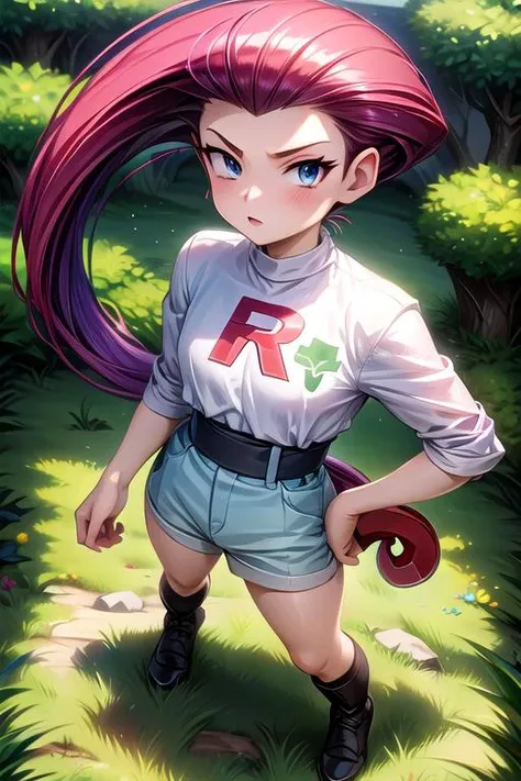 (masterpiece), best quality, expressive eyes, perfect face, outdoor,   <lora:jessie v2 by goofy ai:0.7>, jessie pokemon, hair slicked back, long hair, purple hair, blue eyes, full body