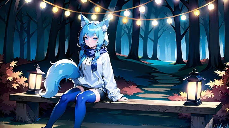 well defined female,fox ears,fox tail,sitting on a bench,thighhighs,shorts,hoodie with design,scarf,long messy shiny dark blue hair,long messy twintails,deep in the forest,autumn,windy,lanterns,night sky,night,