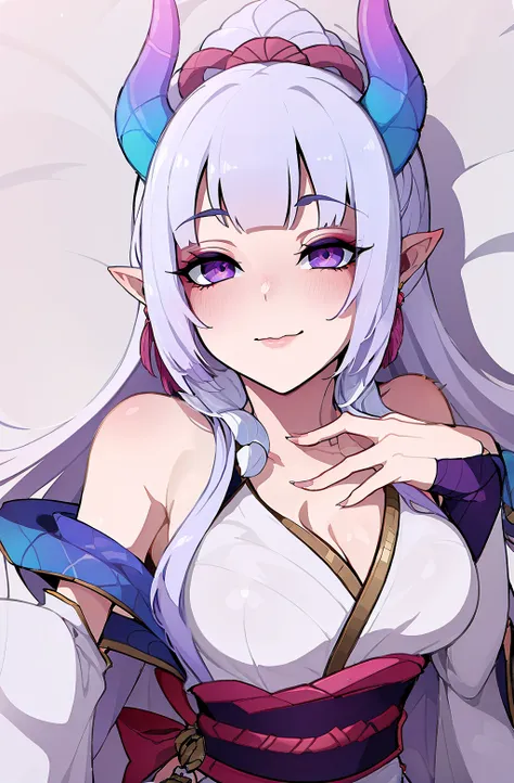 highres,masterpiece, best quality,  large breast, looking at viewer,  evil smile, <lora:Spirit_Blossom_Syndra_V1:1>, Spirit_Blossom_Syndra, purple_eyes, blunt_bangs, white_hair, pointy_ears, long hair, kimono, detached sleeves,lying on bed,  upper body,closed mouth, 5 fingers, finger on mouth <lora:style-kakure_eria-v1:0.5>