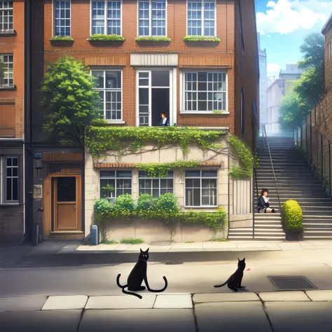 1girl, stairs, sitting, scenery, brown hair, outdoors, cat, clock, sky, solo, scarf, window, building, sign, cloud, plant, lamppost, kneehighs, socks, leaf, door, black socks, tree, skirt, pavement, analog clock, sitting on stairs, black cat, shoes, flower, house, school uniform