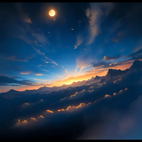 sky shot, nebula, sunset, starry sky, huge mountains, horizon, blue butterflies, moon, masterpiece, cloudy sky, cumulonimbus