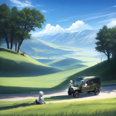 ground vehicle, outdoors, motor vehicle, 2girls, sky, multiple girls, sitting, cloud, day, short hair, car, tree, scenery, red eyes, shorts, looking back, shirt, blue sky, truck, road, grey hair, grass