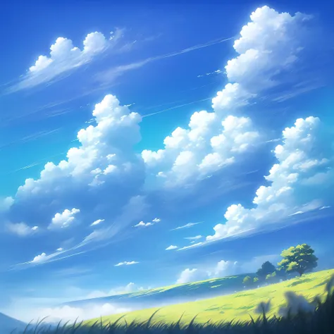 cloud, outdoors, scenery, sky, tree, day, no humans, grass, blue sky, nature, cloudy sky, fantasy