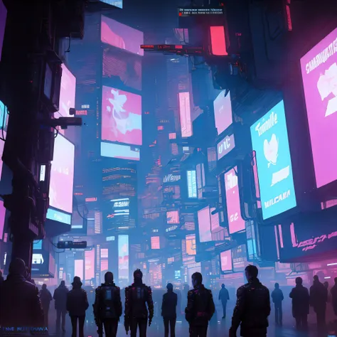 science fiction, english text, multiple boys, cyberpunk, hologram, cable