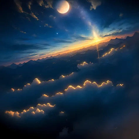 sky shot, nebula, sunset, starry sky, huge mountains, horizon, blue butterflies, moon, masterpiece, cloudy sky, cumulonimbus