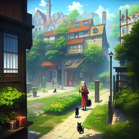 scenery, window, sky, stairs, cat, building, outdoors, plant, cloud, lantern, pavement, door, leaf, black cat, sign, fantasy, house, tree, potted plant, chimney, 1girl, animal, bag, solo, town