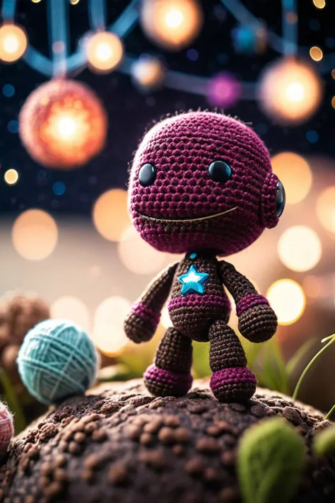 ((Sackboy)), little Sony Playstation Sackboy standing on a Little Big Planet in a starry sky, vibrant and whimsical, (crocheted style), soft natural light, high resolution, RAW photo, dreamy soft focus, detailed photo, gorgeous, shallow depth of field, bokeh, hyper detailed photorealistic life-like accurate proportional 8k sharp focus, (selective focus:0.6)