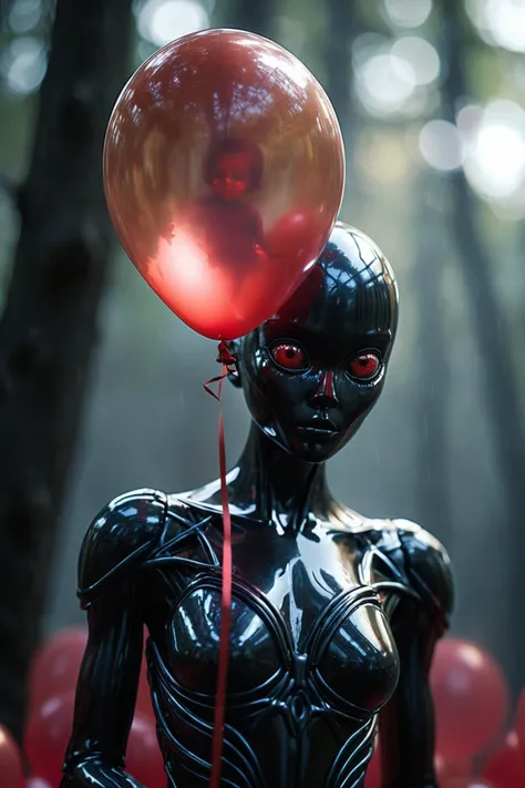 A creepy dark humanoid figure, holding a red balloon, scary, eerie, stunning fantasy photo, big red eyes, volumetric fog, eerie (add_detail:1.3), RAW photo, dreamy soft focus, detailed photo, gorgeous, shallow depth of field, bokeh, volumetric lighting, iridescent skin, (surreal:0.4), hyper detailed photorealistic life-like accurate proportional 8k sharp focus, (accurate cinematic lighting), photorealistic detail
