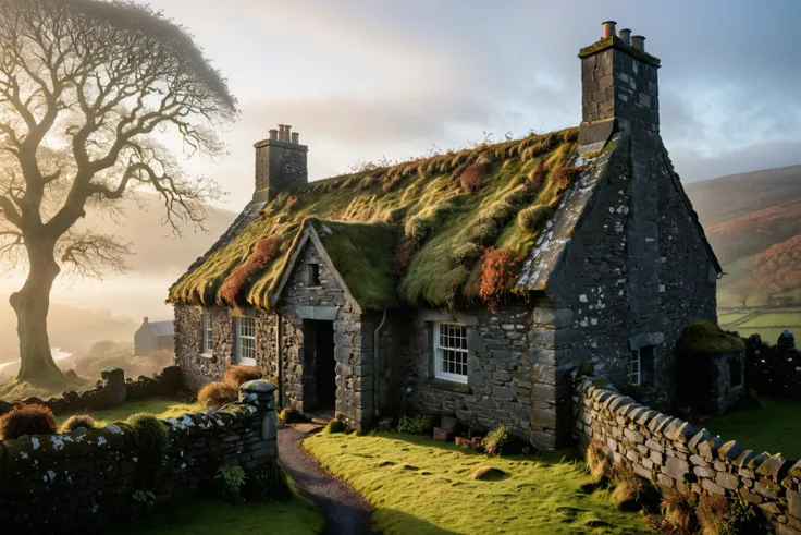 ((photo-realistic)) image of Craggy Island parochial house, old Irish ({rough stone}) cottage with a flint roof, two chimneys, in a timid landscape, by the sea, image of a foggy Celtic valley at sundown, dim haze, autumn trees, hoarfrost, low gloomy sun, Anglo-Saxon hillside, ivy and moss, intricate detail, hard lighting, natural lighting, a photo by national geographic shot at f/22. <lora:add-detail-xl:0.5> <lora:casting shadow style v2:0.8> casting shadow style <lora:RMSDXL_Darkness_Cinema:0.8> <lora:xl_more_art-full_v1:0.5>