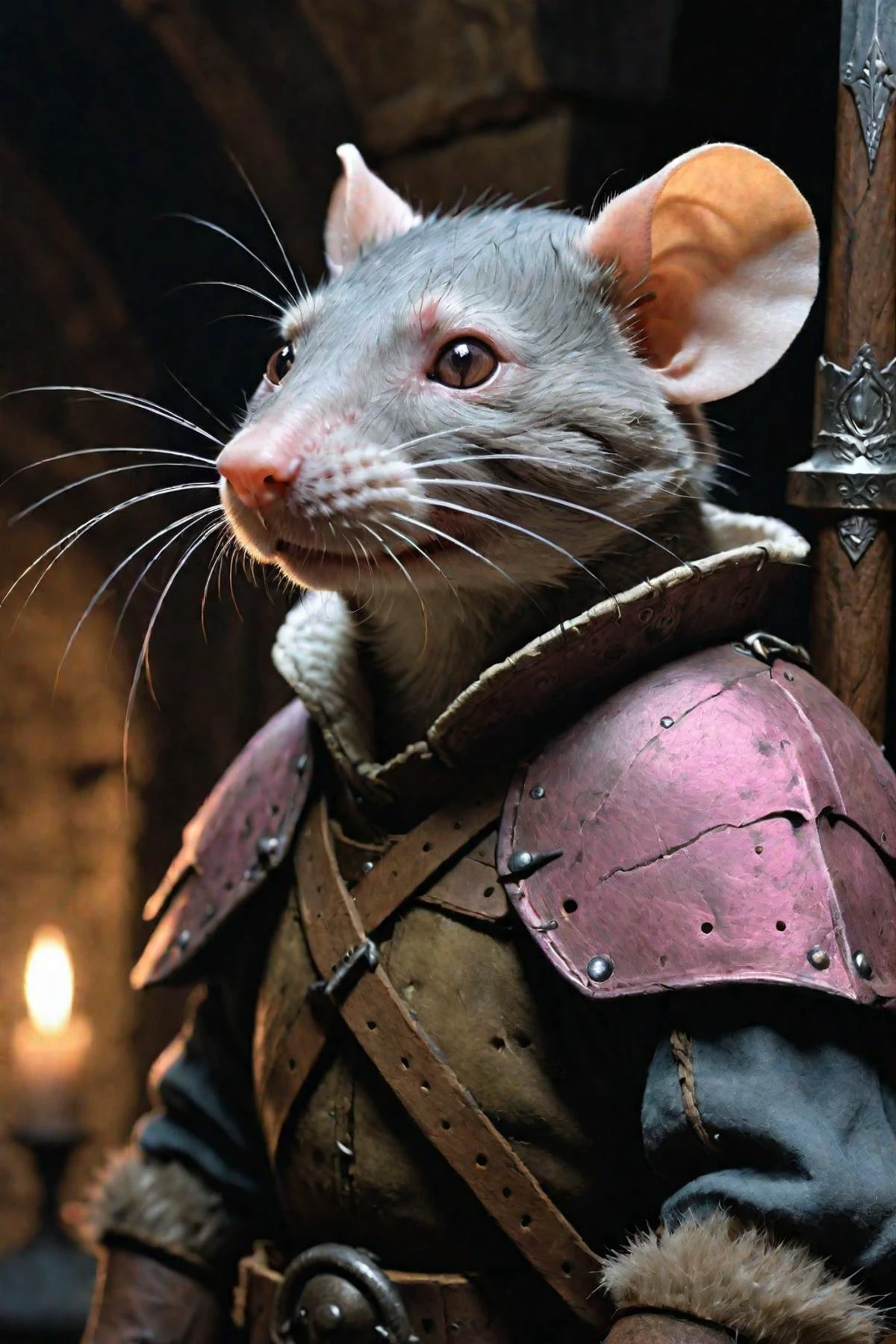 Gustave Doré Style page In the style of Dungeons and Dragons and Dark Fantasy, In the style of Dungeons and Dragons, a photorealistic image of a (humanoid rat medieval soldier): an alert sly shrewd (rat humanoid) male with mottled brown and white fur (weathered skin, skin textures and imperfections), bemused smile, pink rat eyes. Mood lighting, volumetric fog, intricately detailed with sharp focus.