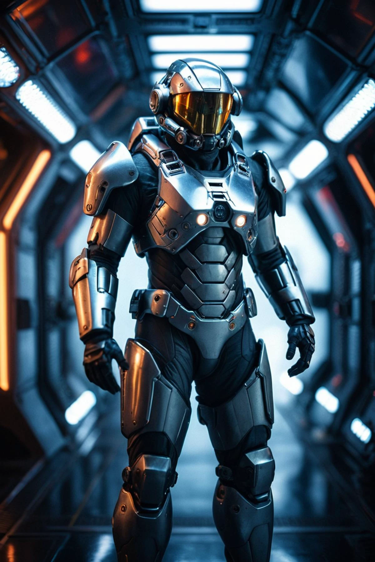 portrait of detailed super soldier wearing heavy futuristic exosuit, standing in a detailed spaceship corridor with lots of intricate lights and switches, steam, fog, moody, cinematic shot on canon 5d ultra realistic Darek Zabrocki, Neil Blevins, Cedric Peyravernay, sci-fi atmosphere, RAW photo, dreamy soft focus, detailed photo, gorgeous, shallow depth of field, bokeh, volumetric lighting, iridescent skin, (surreal:0.4), hyper detailed photorealistic life-like accurate proportional 8k sharp focus, (accurate cinematic lighting), photorealistic detail