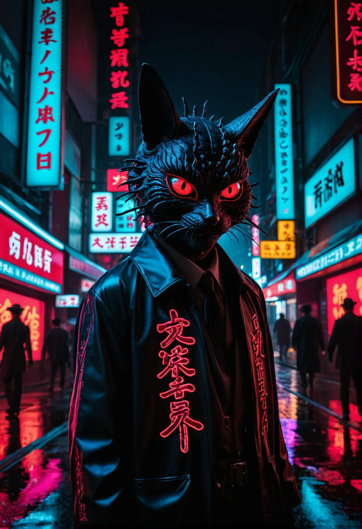 neon noir GTA-style artwork creepy photo, covered with Japanese characters, in the style of absurd surrealism, close up, primordial creature, detailed costumes, Anish Kapoor, isolated on black, Neon Gothic Sci-Fantasy, cybfil, . satirical, exaggerated, pop art style, vibrant colors, iconic characters, action-packed . cyberpunk, dark, rainy streets, neon signs, high contrast, low light, vibrant, highly detailed <lora:RMSDXL_Darkness_Cinema:0.7> <lora:CinematicStyle_v1:0.7> <lora:add-detail-xl:0.6>