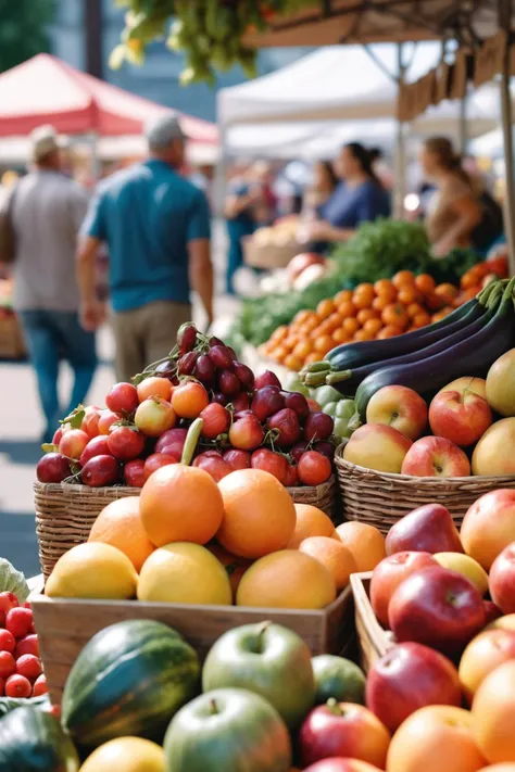 A bustling farmers market overflowing with vibrant fruits, vegetables, and handmade goods. RAW photo, dreamy soft focus, detailed photo, hyper detailed photorealistic life-like accurate proportional 8k sharp focus