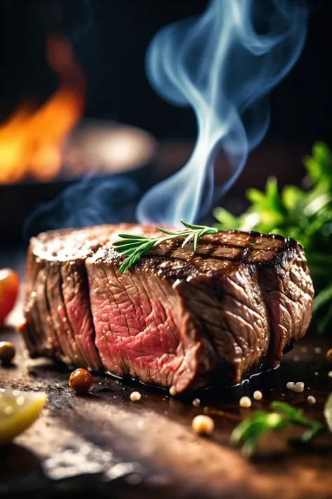 Cinematic, epic, action packed, ((Nice juicy medium-rare steak)), slight steam, magnificent, celestial, ethereal, smoke, background Cinematic Hollywood Film Style, shallow depth of field, vignette, highly detailed, high budget, bokeh, cinemascope, moody, epic, gorgeous, film grain, grainy, RAW photo, dreamy soft focus, detailed photo, gorgeous, shallow depth of field, bokeh, hyper detailed photorealistic life-like accurate proportional 8k sharp focus, (selective focus:0.6)