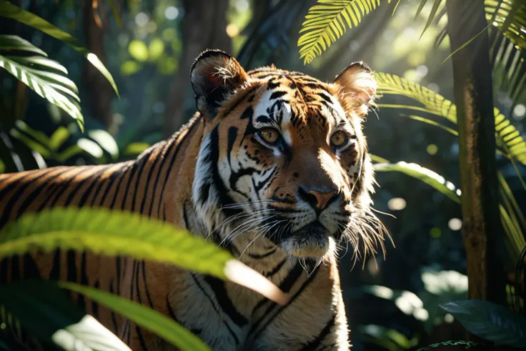 Tiger and dense jungle and dappled sunlight and eye level., RAW, hyper detailed photorealistic, life-like, accurate, proportional, sharp focus, (accurate cinematic lighting), photorealistic detail, (selective focus:0.6)