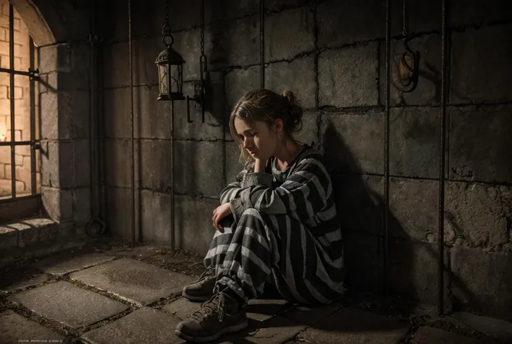 realistic analog photo, award winning photo,
1girl, disheveled, 25 yearsold, sitting on bench, scared, pleading eyes,  bleak, gothic, 
 <lora:PrisonerCh:0.75> prisonerch, dirty frayed prison clothes, striped shirt, cuffs, cuffed wrists to wall, 
 <lora:FantasyPrison:0.5> FanPri, scratched stone wall room, dark background, lit lantern, prison cell, prison bars, mad writing on walls
ambient light, 
,
RAW, highres, 8k, uhd, High Dynamic Range, tonemapping, crisp details,