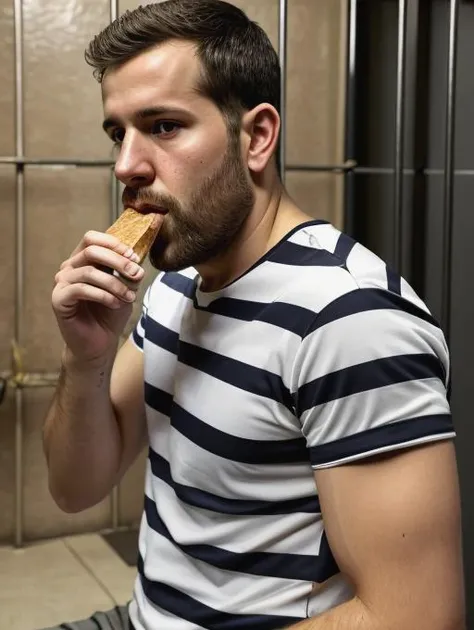 best quality, masterpiece, highres, detailed, perfect anatomy, <lora:Detail - add_detail:0.2>, <lyco:PrisonerCh-10:0.7>, PrisonerCh, striped clothes, prison, sad, a 30 year old man eating a baguette, european, realistic
