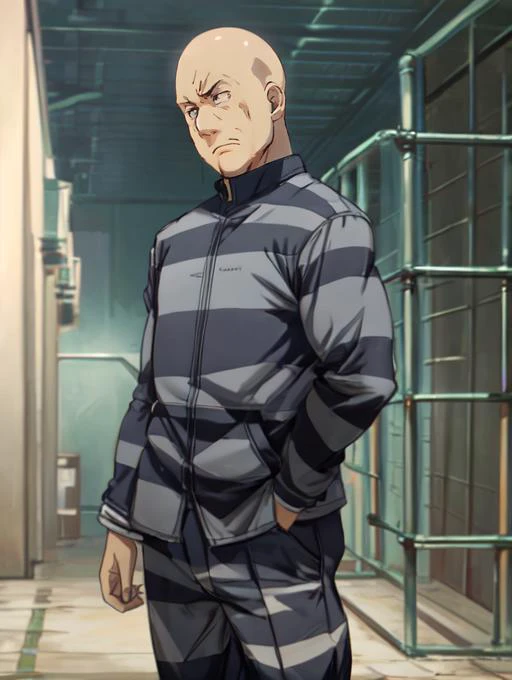 best quality, masterpiece, highres, detailed, perfect anatomy,  <lora:Detail - add_detail:0.2>, <lyco:PrisonerCh-10:0.7>, PrisonerCh, striped clothes, pants, 1boy, 1man, bald, c-Tadokoro,  <lora:Character - Tadokoro:0.8>, black eyes, upset,