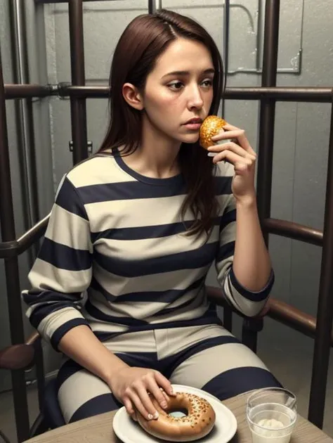 best quality, masterpiece, highres, detailed, perfect anatomy,  <lora:Detail - add_detail:0.2>, <lyco:PrisonerCh-10:0.7>, PrisonerCh, striped clothes, prison, sad, a 30 year old woman eating a  bagel, american, realistic