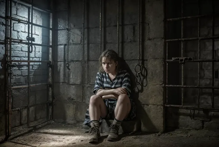 realistic analog photo, award winning photo,
1girl, disheveled, 25 yearsold, sitting on bench, scared, pleading eyes,  bleak, gothic, 
 <lora:PrisonerCh:0.75> prisonerch, dirty frayed prison clothes, striped shirt, cuffs, cuffed wrists to wall, 
 <lora:FantasyPrison:0.5> FanPri, scratched stone wall room, dark background, lit lantern, prison cell, prison bars, mad writing on walls
ambient light, 
,
RAW, highres, 8k, uhd, High Dynamic Range, tonemapping, crisp details,