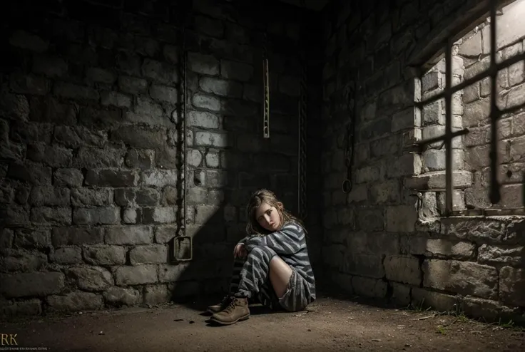 realistic analog photo, award winning photo,
1girl, disheveled, 25 yearsold, sitting on bench, scared, pleading eyes,  bleak, gothic, 
 <lora:PrisonerCh:0.75> prisonerch, dirty frayed prison clothes, striped shirt, cuffs, cuffed wrists to wall, 
 <lora:FantasyPrison:0.5> FanPri, scratched stone wall room, dark background, lit lantern, prison cell, prison bars, mad writing on walls
ambient light, 
,
RAW, highres, 8k, uhd, High Dynamic Range, tonemapping, crisp details,