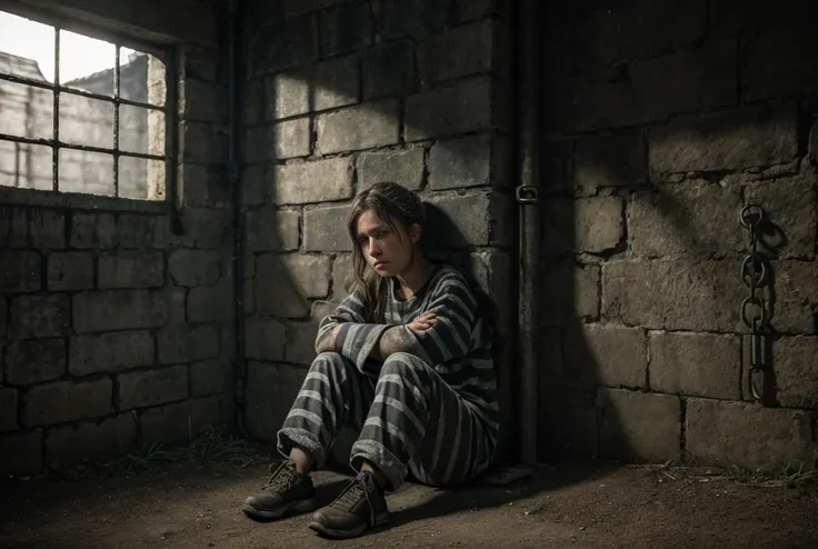 realistic analog photo, award winning photo,
1girl, disheveled, 25 yearsold, sitting on bench, scared, pleading eyes,  bleak, gothic, 
 <lora:PrisonerCh:0.75> prisonerch, dirty frayed prison clothes, striped shirt, cuffs, cuffed wrists to wall, 
 <lora:FantasyPrison:0.5> FanPri, scratched stone wall room, dark background, lit lantern, prison cell, prison bars, mad writing on walls
ambient light, 
,
RAW, highres, 8k, uhd, High Dynamic Range, tonemapping, crisp details,