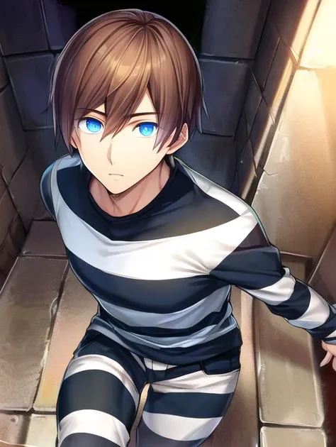 best quality, masterpiece, highres, detailed, perfect anatomy,  <lora:Detail - add_detail:0.2>, <lyco:PrisonerCh-10:0.7>, PrisonerCh, striped clothes, 1boy,  <lora:Character - SoraKHII:0.6>, brown hair, spiked hair, blue eyes, depressed, sad, jail, bars, chains, SoraKHII