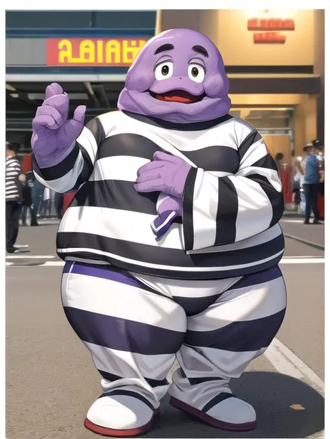best quality, masterpiece, highres, detailed, perfect anatomy, <lora:Detail - add_detail:0.2>, <lyco:PrisonerCh-10:0.7>, PrisonerCh, striped clothes, mascot, purple, Grimace, <lora:Character - Grimace:0.8>, fat, happy,