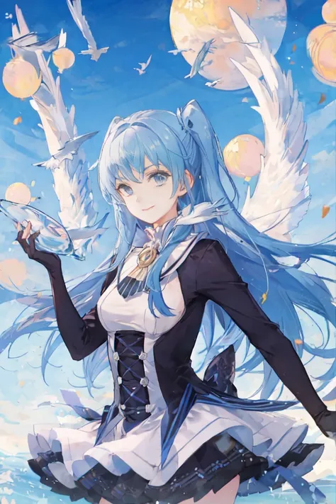 1girl, <lora:chtholly-anything3:0.8>, chtholly, sky, upper body,  print, skirt,smile, long blue hair,