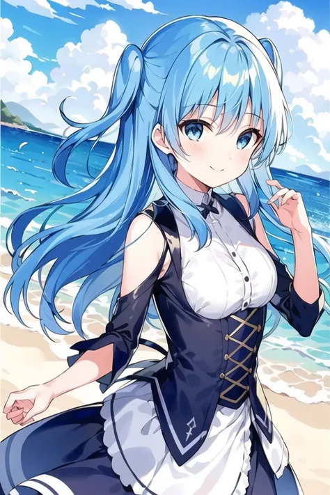 1girl, <lora:chtholly-anything3:0.6>, chtholly, sky, upper body, print, skirt,smile, long blue hair,