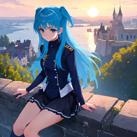 (masterpiece), (best quality),  detailed, 4k wallpaper, chtholly Nota Seniorious, 1girl, solo, (sunset), sitting,  slender,  [medium|small] breasts, (long hair),  (arm support), (slim thigh),  medium slim body,  (fantasy medieval outdoor background) , (black navy officer miniskirt), blue eyes, blue sleeves, (on the castle's wall) <lora:chthollynotaseniorious_v10_young:1>