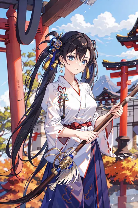 cowboy shot, <lora:TFYulan:0.8>, (1girl, black hair, long hair, blue ribbon, blue eyes), (hair ornament, jewelry), (miko, long sleeves,japanese clothes, hakama skirt, red hakama,kimono, white_kimono:1.2), (holding, holding broom, torii, shrine, outdoors, reflection, sunlight, photo background, blurry_background)