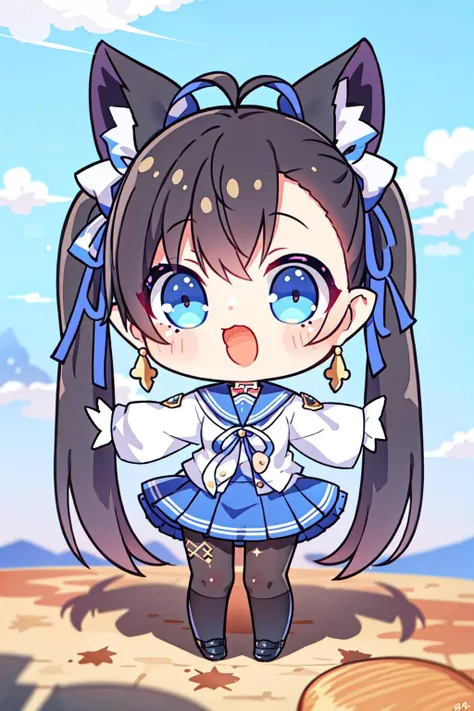 1girl, solo, chibi,
<lora:TFYulan:0.8>, black hair, long hair, twintails, hair ornament,
fox ears, fox tail, ribbon,
school uniform,
pantyhose, black_pantyhose, pleated skirt,
standing, spread legs, spread arms, arms up, outstretched arm,
looking at viewer, open mouth, laughing,
Cute, Kawaii, Background, Scenic, Pastel, Whimsical, Adorable, Charming, Sweet, Lovely, Fantasy, Dreamy, Colorful, Heartwarming, Aesthetic, Soft, Delightful, Cozy, Cheerful, Enchanting, weird atmosphere, (best quality:1.1), (masterpiece:1.2), high quality shadow, beautiful detailed, (high detailed skin, skin details), (wide_landscape, 8k), beautiful face, detailed eyes, depth of field, dramatic light, best quality, highres, best shadow, best illumination,